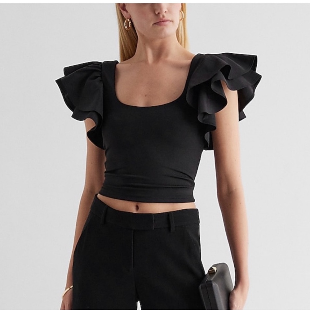Express Elegant Black Ruffle Crop Top - Picture 4 of 4